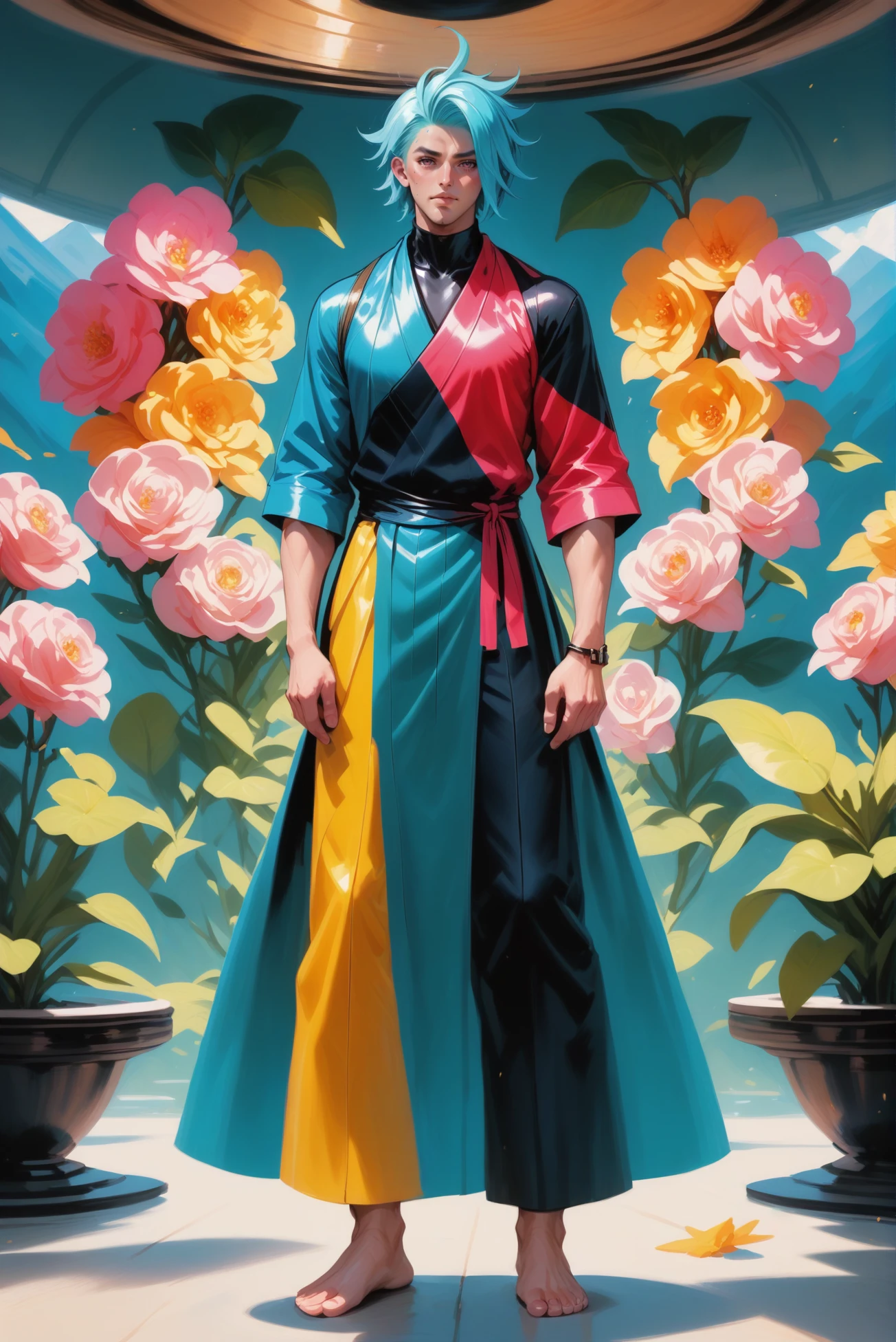 score_9, score_8_up, score_7_up, score_6_up, score_5_up, score_4_up, (source_anime:0.5), ddigital painting, (full body:1.2), 1boy, man, solo, [:epic costume design,:0.2] adventurer, vivid cornsilk yukata, silk trousers, caucasian, bright darkcyan hair, (athletic:1) build, subterranean,mountainside scifi hamlet in a Experimental Agriculture Zone, vibrant idyllic color scheme<lora:EnvyEponynmousXL01:1>
