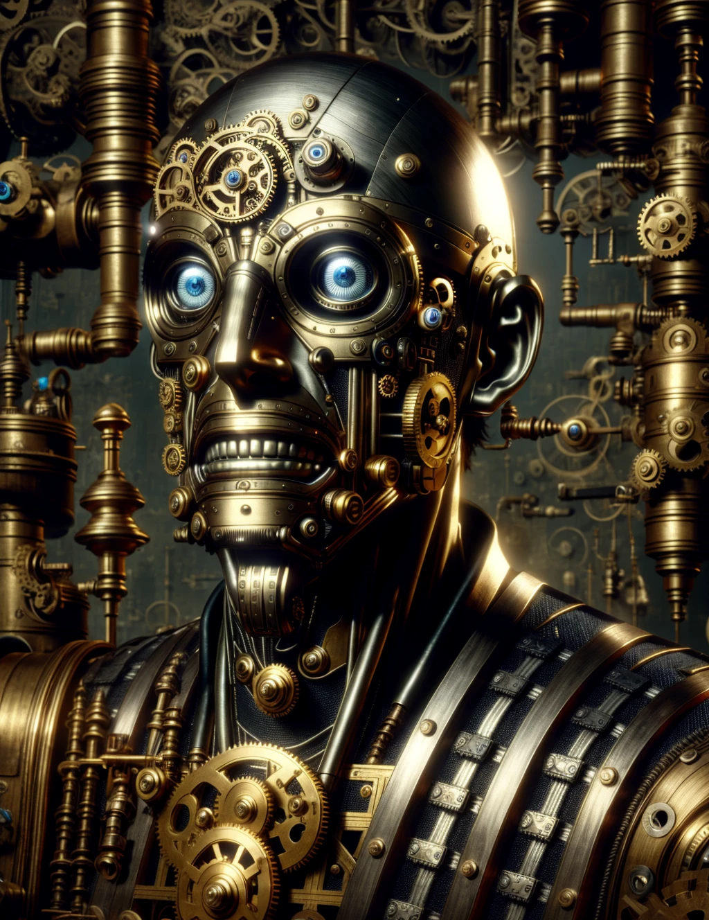 a profestional picutre of 1man, <lora:mshn:0.7> robot, mshn, mshn robot, robotic warrior with gold face , <lora:ManyEyedHorrorAI:1.2> manyeyedhorrorai, Eager Notebook Scribble: Seated with a notebook in hand, they jot down ideas or notes with rapid enthusiasm. Their pen moves swiftly across the paper, and their brow might furrow in concentration. , camera angle dutch angle and cowboy shot, photorealism,unreal 5 daz,perfectly drawed hands,perfectly drawed face,perfect body,extremely detailed artgerm greg rutkowski greg,((ultrasharp)),((masterpiece)),((best quality)),((ultradetailed)),((intricated details)),ultradetailed character,detailed face,intricated face details,<lyco:GoodHands-beta2:1>,extremaly detailed background,perfectly detailed face,character focus,intricated details of face,fFaceDetail <lora:add_detail:0.7> ultra realistic,32k,RAW photo,(high detailed skin:1.2),8k uhd,dslr,soft lighting,high quality,film grain, beautiful and aesthetic,extremely detailed