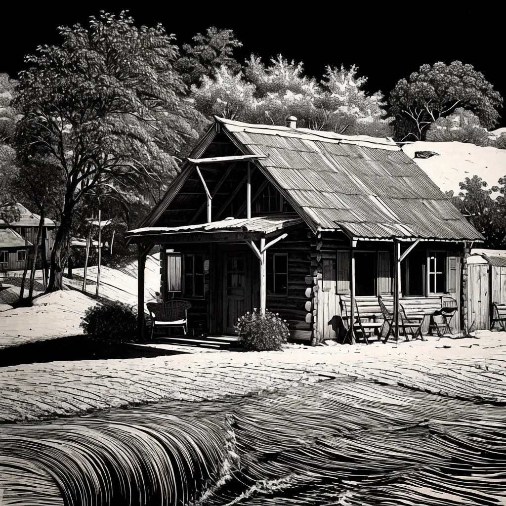 best quality,extreme detailed,<lora:woodblock_print:0.7>,black and white,cabin,