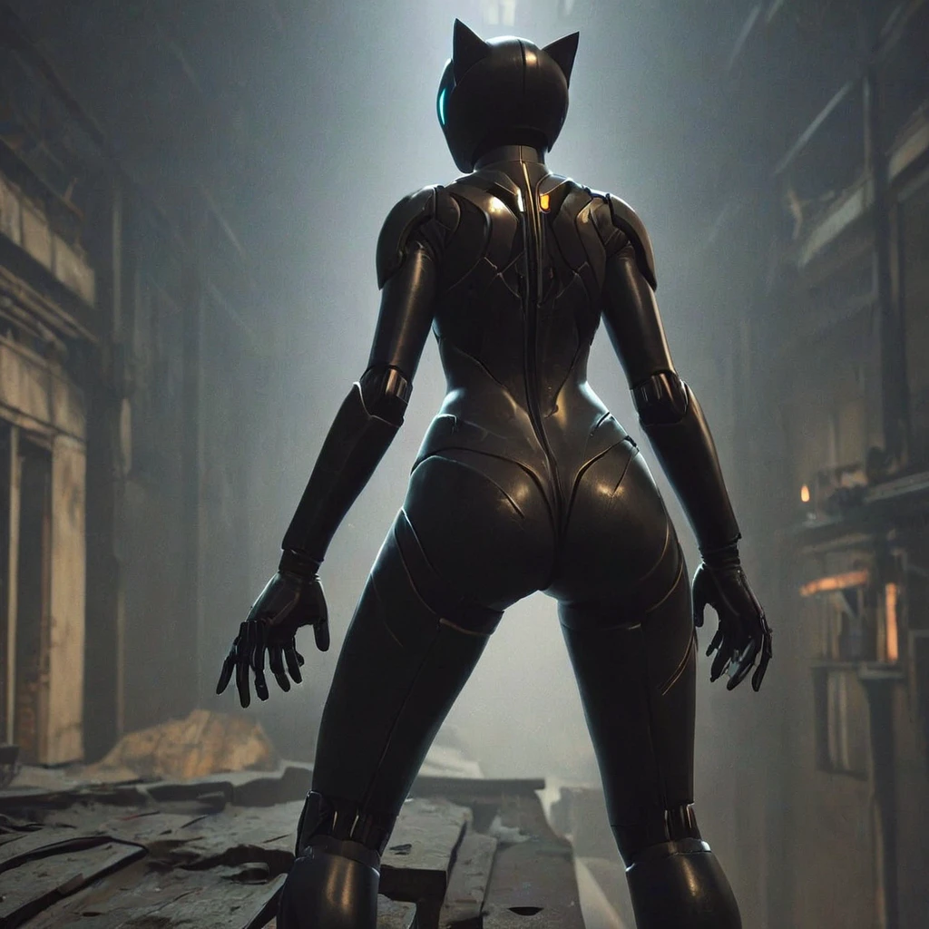 FortniteLynx standing proudly on a ledge of an abandoned factory black suit, seen from behind, seen from below <lora:FortniteLynx-Inspired:1>