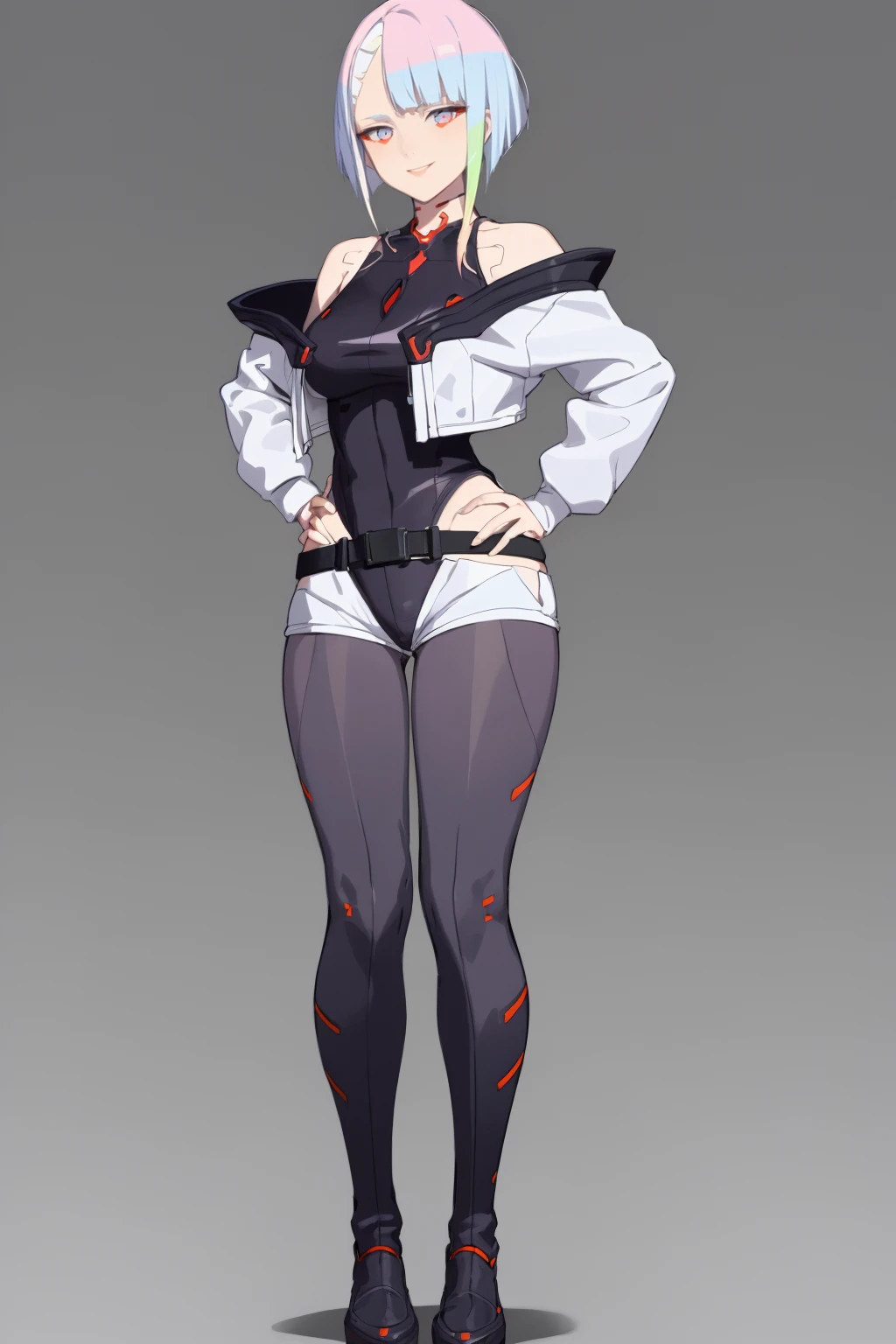 masterpiece, best quality,
1girl, lucyna, short hair, bangs, multicolored hair, multicolored eyes, red eyeliner, makeup, bare shoulders, white open jacket, (white short shorts:1.1), belt, highleg leotard, thighhighs boots,
hands on hips, standing, full body, smile, solo, looking at viewer, simple background <lora:Lucyna:1>