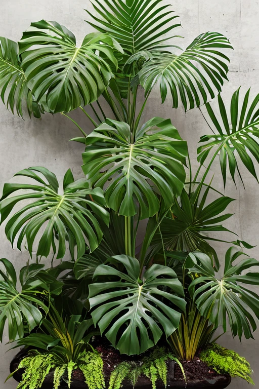 Craft a tropical-themed artwork featuring an assortment of exotic plants in a vivid, colorful display.