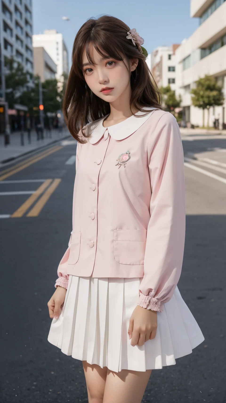 best quality,HDR,UHD,8K,Vivid Colors,solo,photo_,(1girl:1.3),(standing:1.3),(looking at viewer:1.4),Elegant,detailed gorgeous face,(cowboy shot:1.2),(street background:1.2),<lora:Twinkle1:0.75>,white skirt,kindergarten uniform,pink shirt,