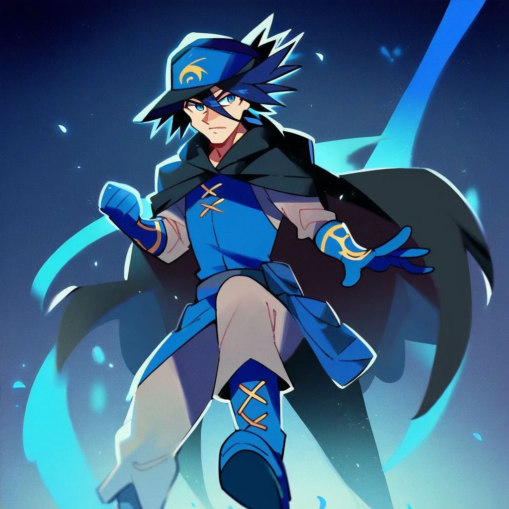 score_9,score_8_up,score_7_up,score_6_up,score_5_up,score_4_up, solo, 1boy, black hair, blue eyes, spiked hair, hair between eyes , Hat, cape, black cape, tunic, long sleeves, pants, boots, belt, blue gloves,