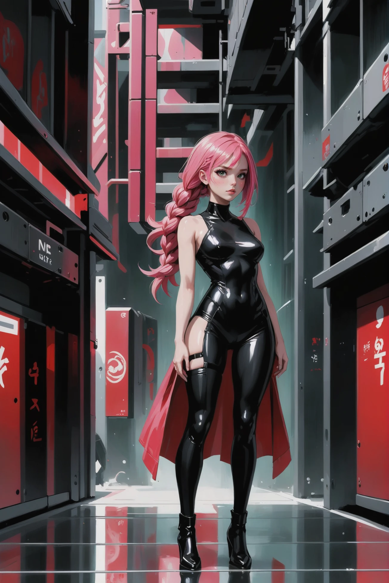 digital painting, 1girl, woman, punk sweet girl, [:casual, seductive costume design,:0.2], punk hair, bright peach hair, multcolored hair, bombshell hair, radiant light color:darkgreen hair, braid, thick thighs, narrow waist, japanese, nuclear waste storage facility in a dystopian,great fantasy vertical metropolis beyond the beginning of the universe, masterpiece<lora:EnvyTritoneXL01 Red-Black-White:1.4>