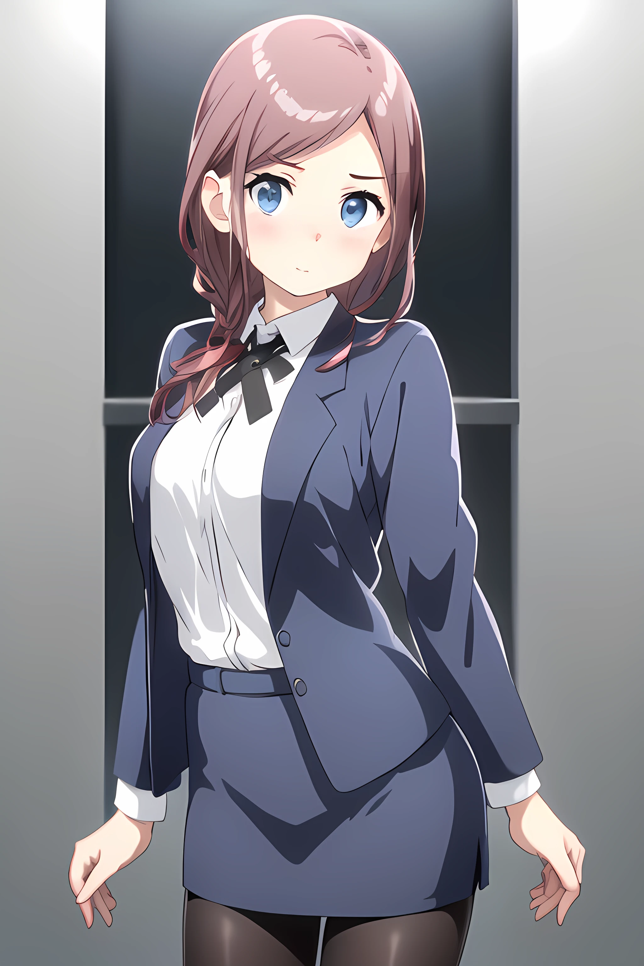 ((masterpiece, best quality)), 1girl,solo,standing,bangs, saya orisaki \(one room\), blue_eyes, blue_jacket, blush, brown_hair, long_hair, long_sleeves, looking_at_viewer ,((white_shirt)),pantyhose, pencil_skirt, ribbon,open jacket,,,,,extremely detailed CG unity 8k wallpaper, perfect lighting,Colorful, Bright_Front_face_Lighting,White skin, (masterpiece:1.0),(best_quality:1.0), ultra high res,4K,ultra-detailed, photography, 8K, HDR, highres, absurdres:1.2, Kodak portra 400, film grain, blurry background, bokeh:1.2, lens flare, vibrant_color,professional photograph,bow breasts, (beautiful_face:1),(detailed eyes),(narrow_waist),(Beautiful small breasts),Beautiful Finger,Beautiful long legs,Beautiful body,Beautiful Nose,Beautiful character design, perfect face,perfect balance,(2d)