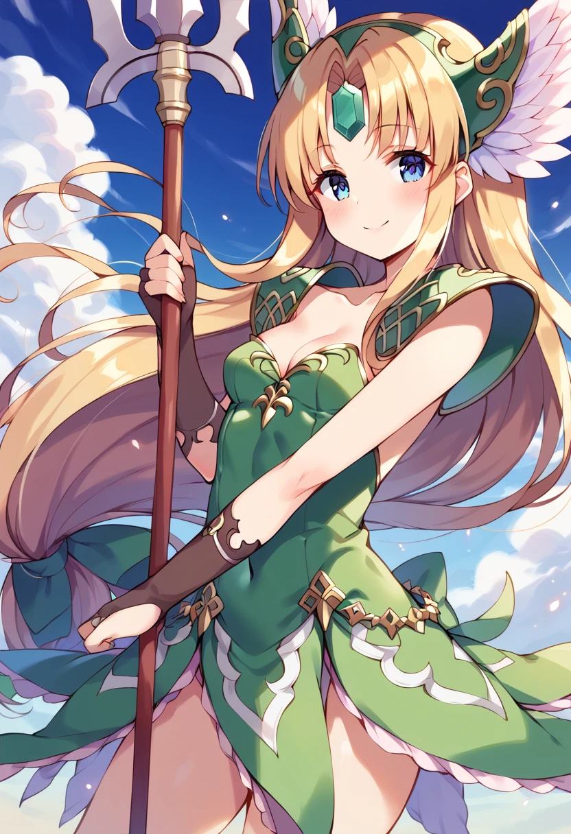 score_9, score_8_up, score_7_up, best quality, masterpiece, source_anime BREAK
1girl, riesz, trials of mana, blonde hair, solo, blue eyes, polearm, low-tied long hair, smile, cleavage, very long hair, spear, bridal gauntlets, day, shoulder armor, small breasts, helmet, looking at viewer, hair bow, winged helmet, cloud, green dress, green bow, pauldrons, blush, blue sky, standing, forehead jewel, cowboy shot, fingerless gloves, holding polearm, closed mouth, eyebrows visible through hair, outdoors, short dress, strapless dress, collarbone, bangs, sleeveless dress, thighs, gem, black gloves, shiny, floating hair, sidelocks, covered navel, ribbon, hair ornament, shiny hair, brown gloves, wind, light particles, elbow gloves, cloudy sky, head wings <lora:riesz_sdxl_locon_pony_v1:0.7>
