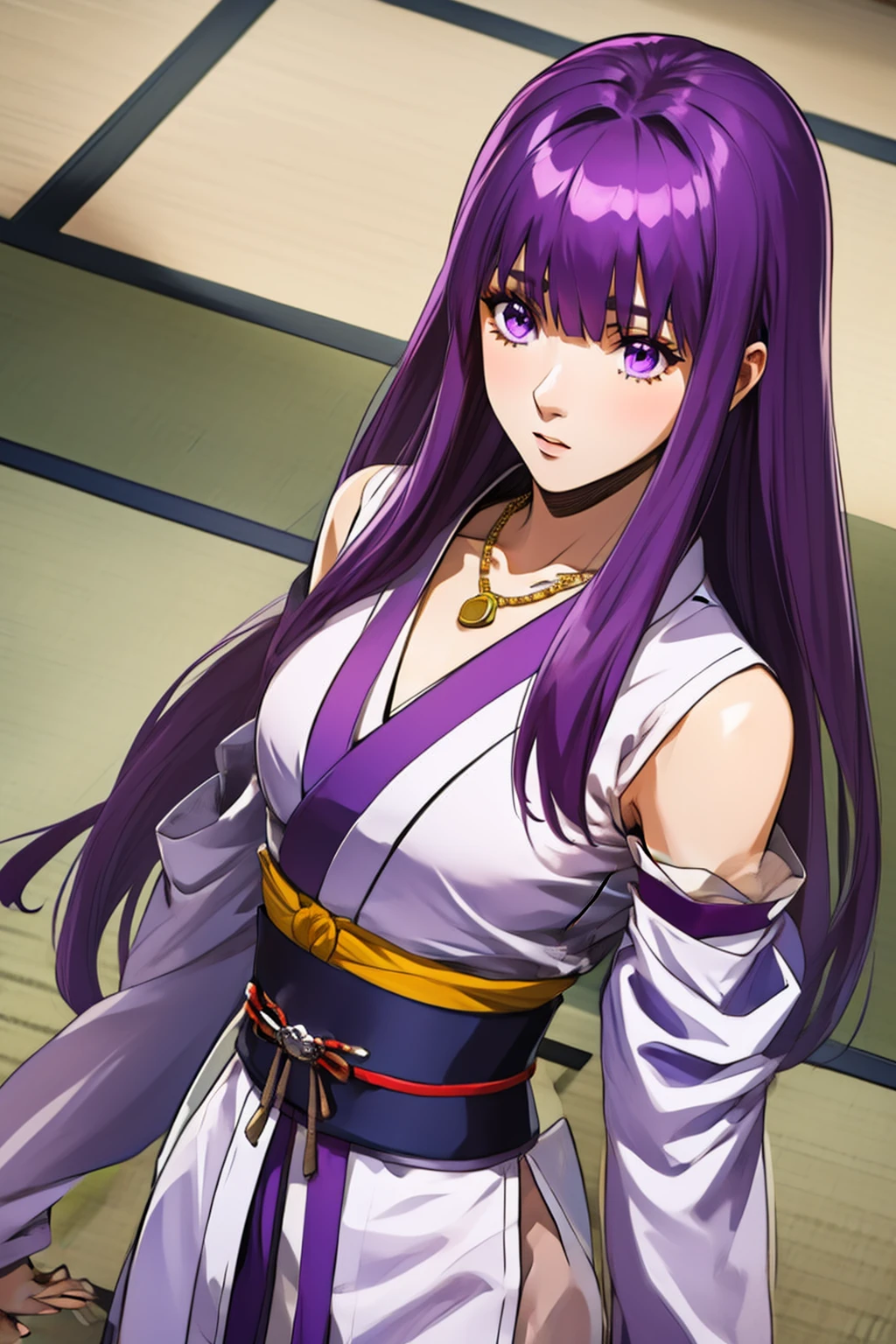 ((masterpiece, best quality)),  detached sleeves, long sleeves, dress, necklace, sash, front view, close-up
<lora:ye-ziyun-v1.0-lora:1> yeziyun, long hair, bangs, purple hair, purple eyes,  tatami, xianxia, martial arts