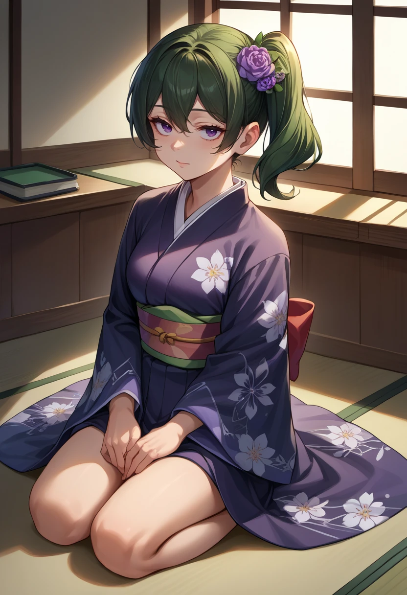 masterpiece, ultra detailed, 8K, full body shot,, a girl, kawaii, light atmosphere, (Cute a girl:1.5), (one girl with pale purple hair, wavy two braids, blunt bangs hair, green and black eyes :1.4), anime visual, (tilt head:1.3), extremely delicate face, realistic lighting and shading, (an extremely delicate and beautiful art:1.3),Watercolor painting, blush, Wearing a white yukata Morning glory pattern, A tatami room, a girl making tea for a guest, a teapot, green tea,smiling, a Girl spreads her legs and opens her yukata to reveal her and pussy,