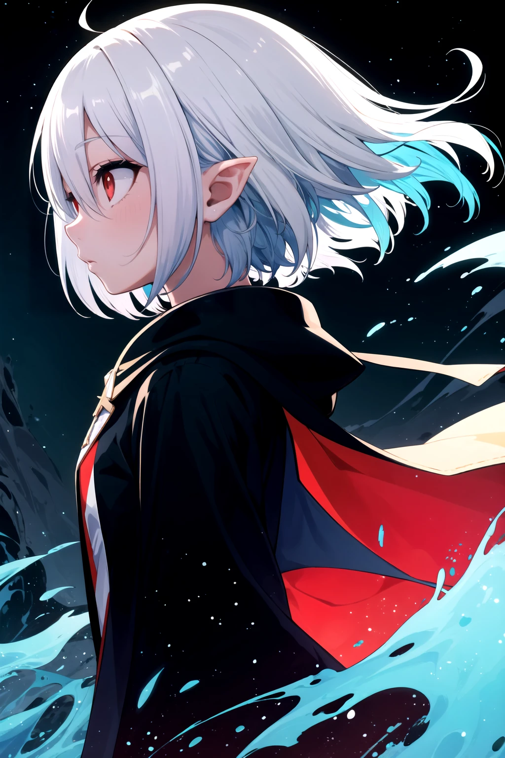 (masterpiece, top quality, best quality, official art, beautiful and aesthetic:1.2), (abstract, fractal art:1.3), atmospheric, cinematic lighting, cinematic scene,
1girl, solo, looking from the top, (close up),
droplets, flowing, COLOR and COLOR, sparkle, rim lighting,
dark theme, dark fantasy, pointy ears,
white hair, (colorful red eyes:1.3), short hair, bob hair, hair between eyes,
black cleric garnments, long clothes, falling inside a hurricane,
intricate robes, (green glowing winds:1.2), green glow, green moon, side view, vortex,