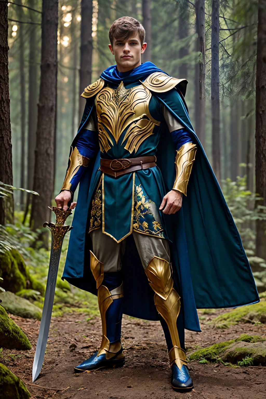 (full body), male focus, photo of JakePreston, realism, forest background, dynamic pose, wearing intricate (blue and gold) armor, breastplate, belt, embroidered cloak, elar, <lora:JakePreston:0.8> , heroic posing, relaxed natural expression, holding sword, elar, <lora:ElvenArmor-10:0.6>, professional light, cinematic lighting, fashion photography, ambient lighting, <lora:add_detail:0.3>