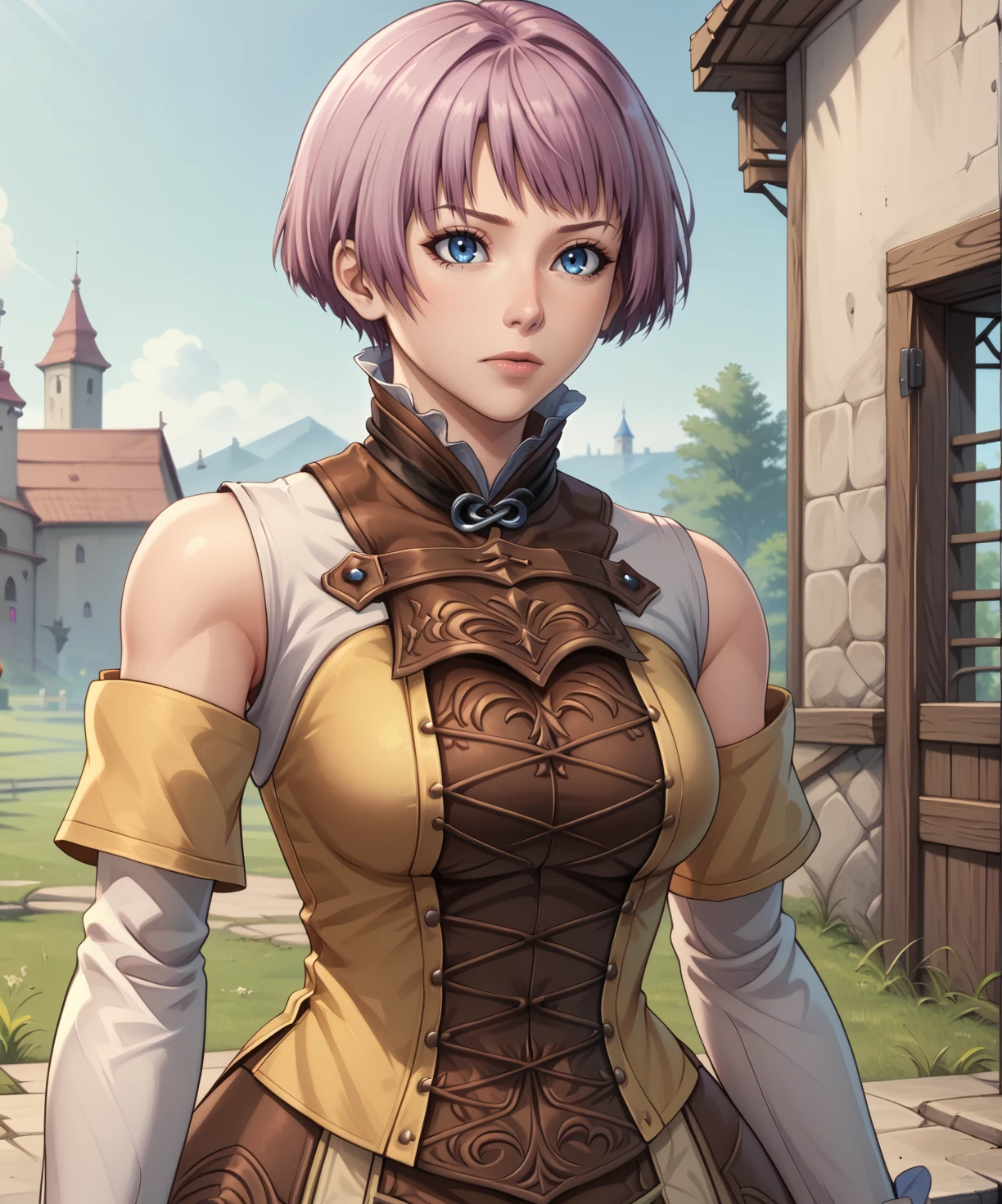 yulie,blue eyes, lavender hair, short hair,
standing,upper body,detached sleeves,brown attire,curvy,
outdoors,
(insanely detailed, masterpiece, best quality),solo,<lora:yulieWNC-10cl:0.9>,