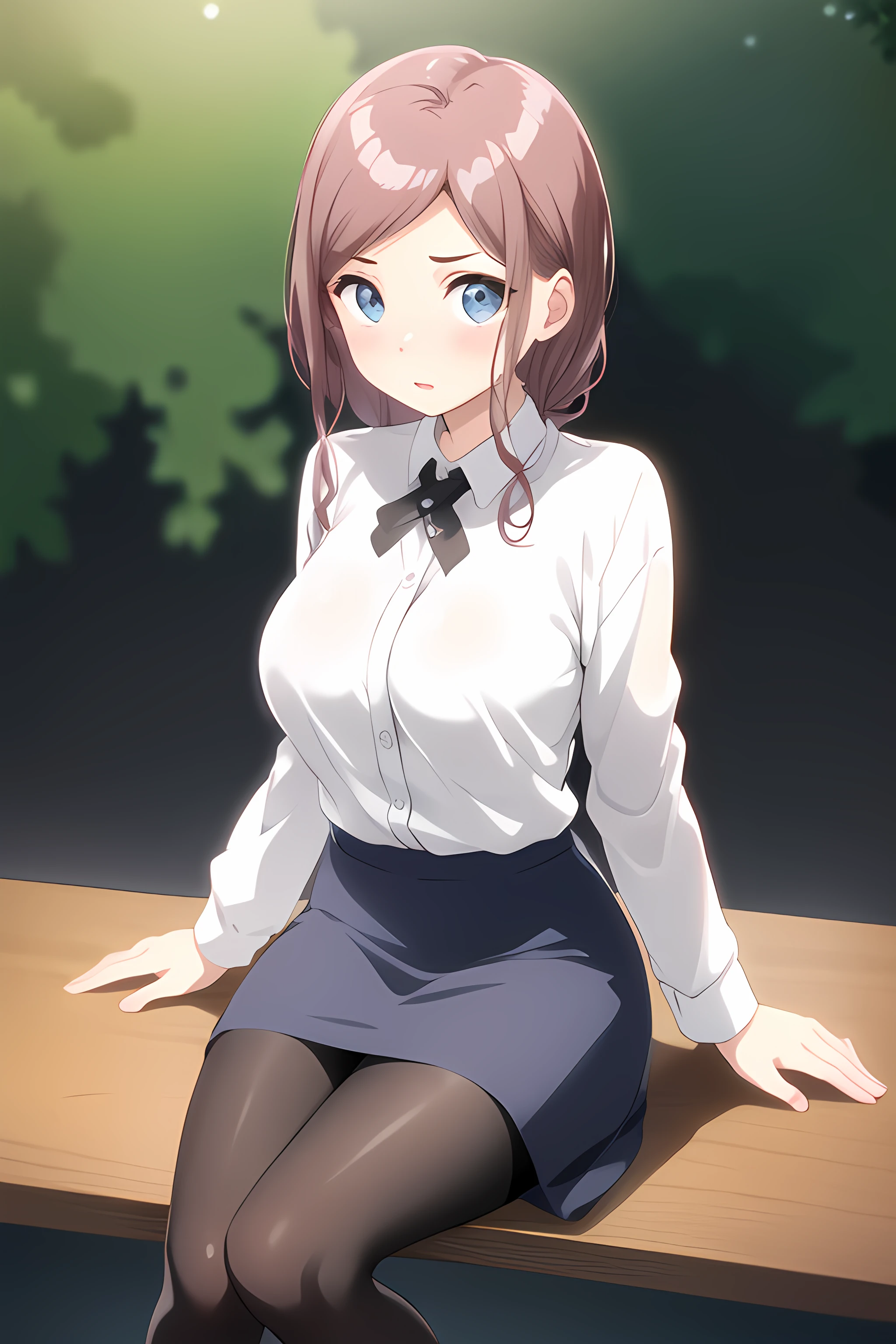 ((masterpiece, best quality)), 1girl,solo,sitting,bangs, saya orisaki \(one room\), blue_eyes,blush, brown_hair, long_hair, long_sleeves, looking_at_viewer ,(white_shirt),(pantyhose, pencil_skirt), ribbon,,,,,,extremely detailed CG unity 8k wallpaper, perfect lighting,Colorful, Bright_Front_face_Lighting,White skin, (masterpiece:1.0),(best_quality:1.0), ultra high res,4K,ultra-detailed, photography, 8K, HDR, highres, absurdres:1.2, Kodak portra 400, film grain, blurry background, bokeh:1.2, lens flare, vibrant_color,professional photograph,bow breasts, (beautiful_face:1),(detailed eyes),(narrow_waist),(Beautiful medium breasts),Beautiful Finger,Beautiful long legs,Beautiful body,Beautiful Nose,Beautiful character design, perfect face,perfect balance,(2d)