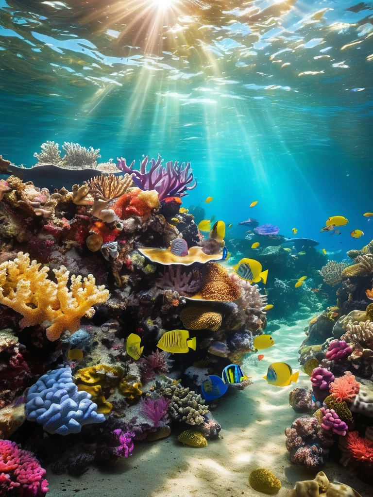 An underwater photo of a coral reef teeming with colorful marine life, with sunbeams filtering through the water, highlighting the vibrant colors and the serene, otherworldly atmosphere of the underwater world.,