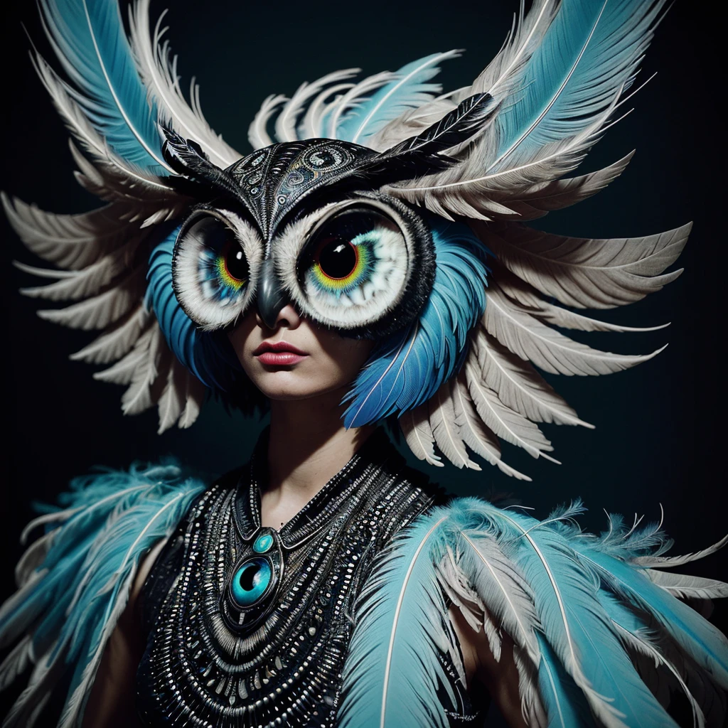 Photography, photo, cinematic, funny alien owl, glossy plumage, intricate feather patterns, popart, conceptual, groove, hypnotic, surreal, fashion, visually striking image, pop art