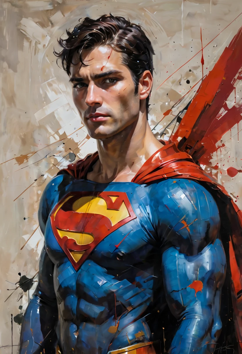 abstract expressionist painting Contemplate the larger-than-life persona of Superman as envisioned through the provocative lens of Russ Mills, accompanied by impasto oil painting techniques � la Cy Twombly and Anselm Kiefer. Engrossed in a heated internal struggle, Clark Kent's alter ego diverts his gaze, choosing instead to examine his surroundings with a Dutch angled perspective. Heavy brushstrokes dominate the canvas, dictating the direction of light and shadow, ultimately leading the viewer's eye to the periphery of the painting. Simultaneously figurative and abstract, this inventive interpretation dares to challenge convention, earning recognition among the avant-garde circles of ArtStation. . energetic brushwork, bold colors, abstract forms, expressive, emotional