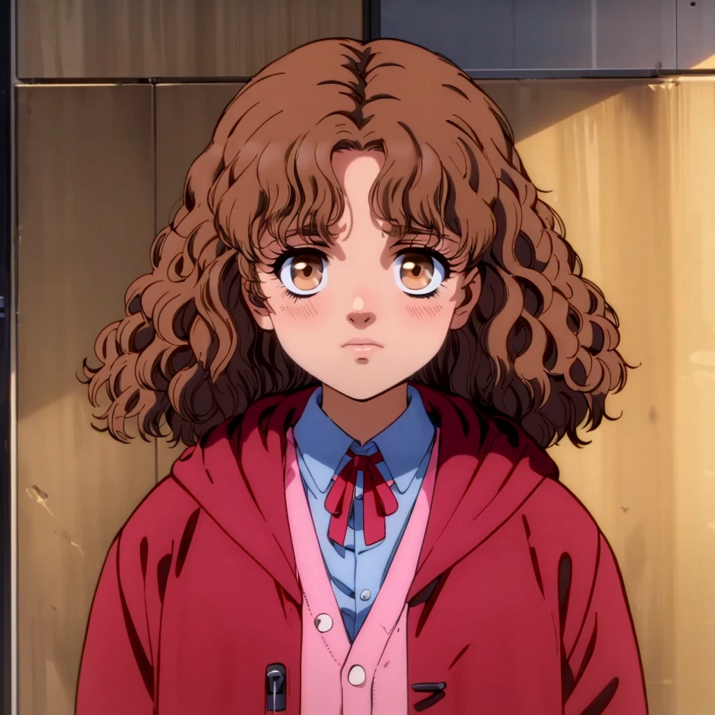 <lora:Flair001:0.7>,<lora:add_detail:0.5>,<lora:noline:0.3>,<lora:boldline:-0.3>,
Flair,1little girl,brown hair,medium hair,curly hair,brown eyes,
redjacket,hooded,collared_shirt,red ribbon,ae pink sweater,