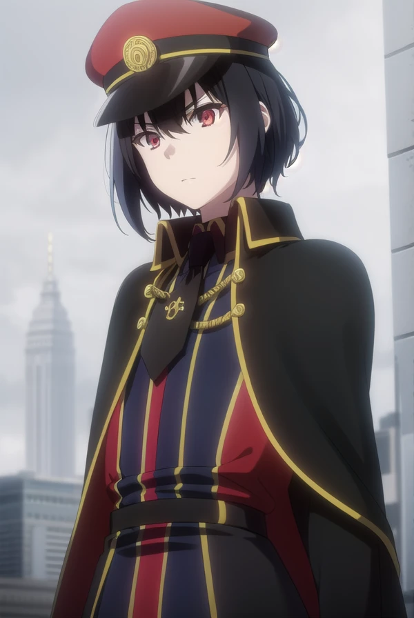 detectivehel, <lora:detective hel s1-lora-nochekaiser:1>,
hel, short hair, bangs, black hair, (red eyes:1.3), gradient hair,
BREAK hat, pantyhose, necktie, cape, uniform, black pantyhose, military, military uniform, peaked cap, black necktie, military hat, black cape,
BREAK outdoors,
BREAK looking at viewer, dynamic pose,
BREAK <lyco:GoodHands-beta2:1>, (masterpiece:1.2), best quality, high resolution, unity 8k wallpaper, (illustration:0.8), (beautiful detailed eyes:1.6), extremely detailed face, perfect lighting, extremely detailed CG, (perfect hands, perfect anatomy),