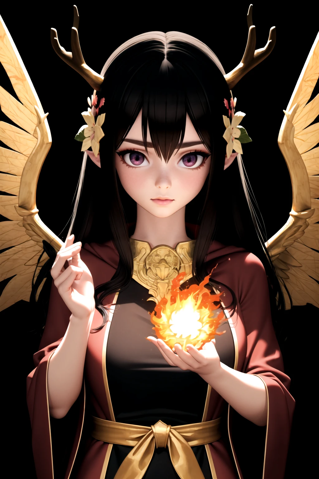 An obsidian demoness with golden wings and antlers, wearing a transparent robe of vines and blossoms, conjuring a fireball in her hand, hyper realistic, detailed, realistic, 3d face, lustrous skin