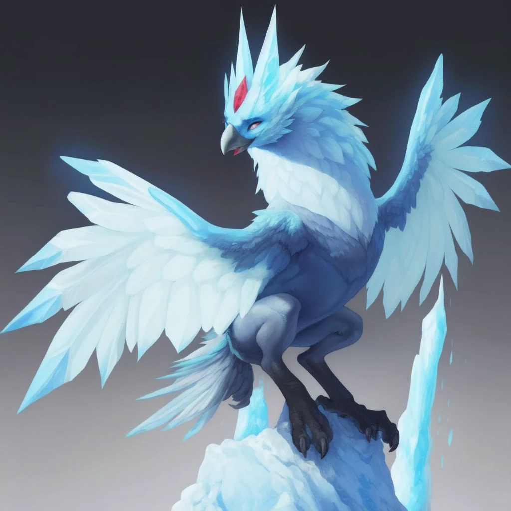 1girl,
solo,
feral,
avian,
phoenix,
ice,
icicle,
body made of ice,
<frozen body:1.5>,
<icicles on body:1.5>,
jewel,
<red jewel:1.5>,
head ornament,
jewl on head,
tail,
claws,
glowing,
ice vapor,
simple background,
 <lora:Anivia_LOL-08:1> anivia_lol, (by enro the mutt, by nezumi, by rajii, by, honovy,:1.1) best quality, good quality,