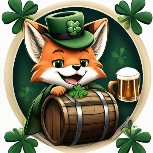 CelticFox,solo,smile,open mouth,simple background,hat,white background,holding,animal ears,tail,closed eyes,cup,no humans,sparkle,watermark,holding cup,facing viewer,furry,alcohol,top hat,mug,green headwear,beer,coin,beer mug,clover,four-leaf clover,barrel,saint patrick day style,
 <lora:CelticFoxSD:1>