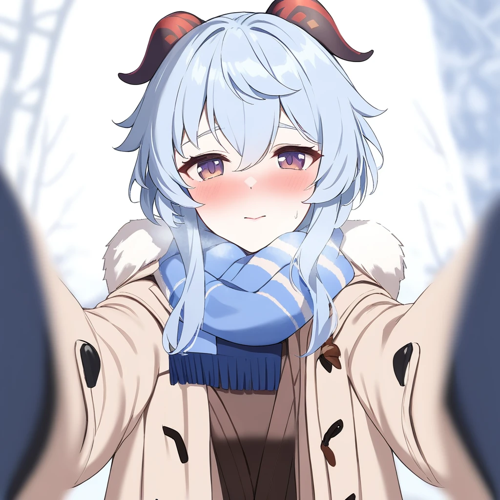 <lora:xl_pov_cheek_warming(kohaku_delta)-000004:1>,scarf,looking at viewer,blush,winter clothes,coat,blurry,pov,ganyu \(genshin impact\),, masterpiece, best quality,