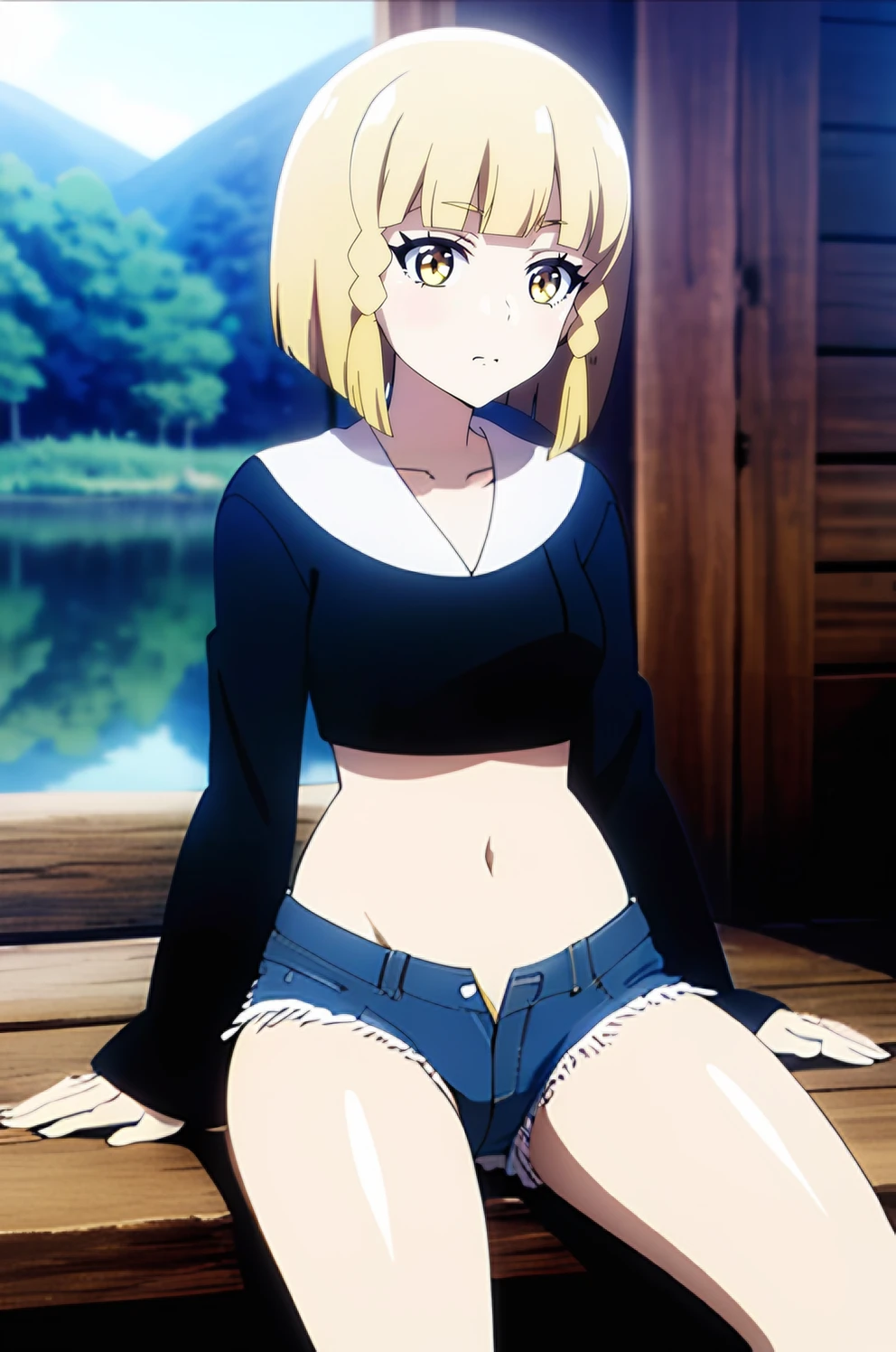 <lora:Alize:0.7> alize, short_hair, blonde_hair, 1girl, solo, bangs, yellow_eyes, braid, , crop top, <lora:j0ng:0.7> j0ng, cutoffs, micro shorts, denim shorts, (sitting by a lake:1.1), best_quality, highres, extremely_detailed, anime perfect detailed style, 8k, masterpiece, anime art style, anime coloring,
