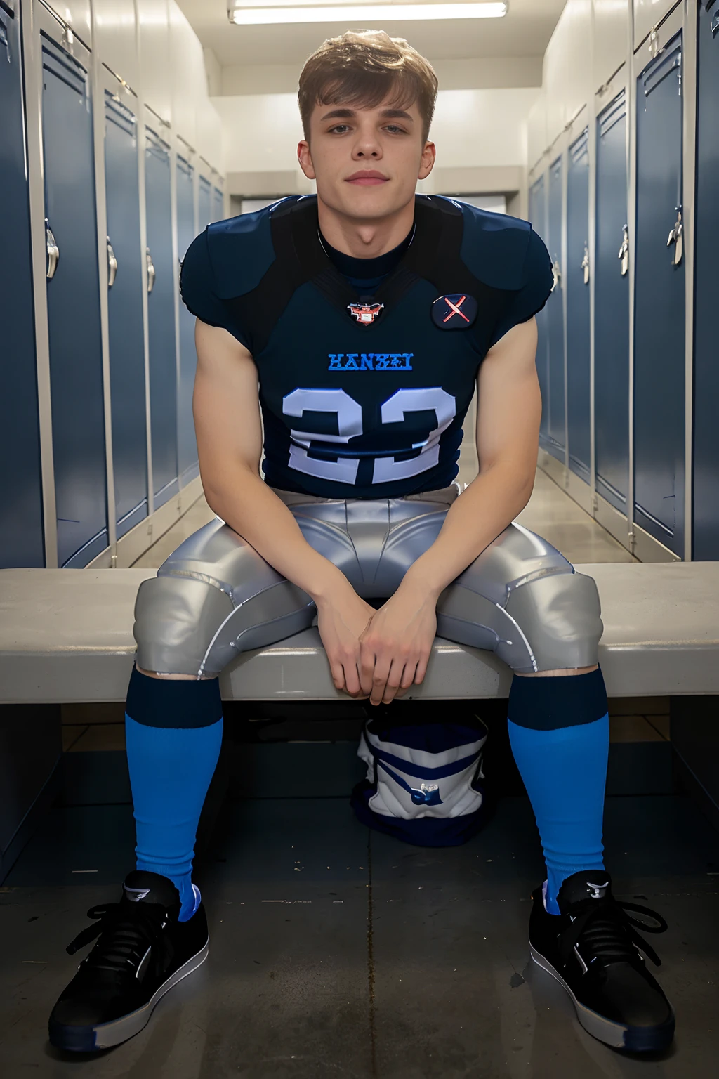 in a locker room, lockers in the background, sitting on a bench, slight smile, JakePreston, wearing American football uniform, (American football shoulder pads), (blue jersey:1.5), jersey number 2, (pale silver football pants and pads:1.3), (blue socks:1.4), (black sneakers:1.4), (((full body portrait))), wide angle <lora:add_detail:-1> <lora:JakePreston:0.8>