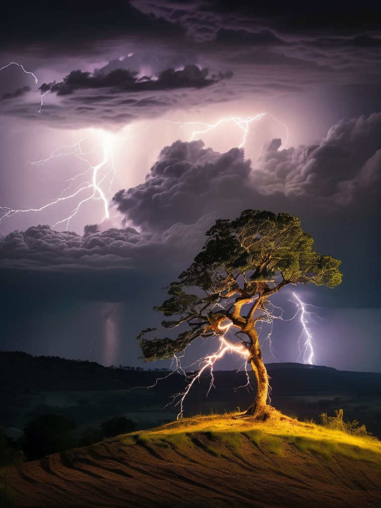 A photo capturing the dramatic moment a lightning bolt strikes a solitary tree on a hill during a storm, with dark, ominous clouds and the contrast of the electric light illuminating the scene.,