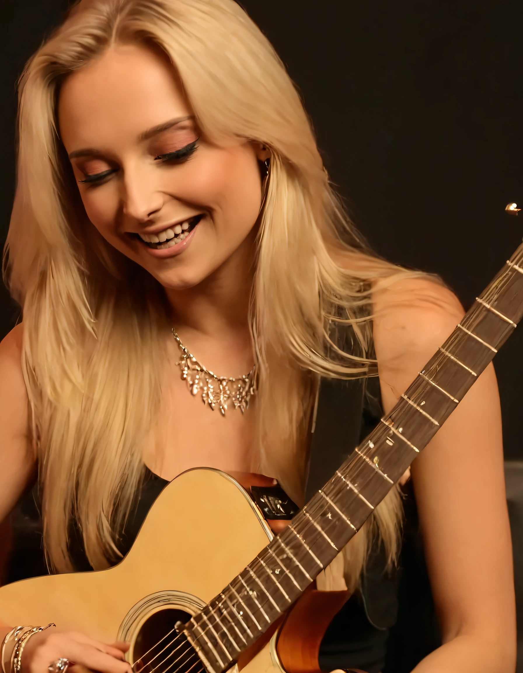 Sophie Lloyd, a stunningly beautiful blonde with long, flowing hair, casually sat beside her guitar adorned with both an elegant necklace and a distinctive bracelet. With a captivating smile revealing slightly exposed teeth, she effortlessly played her electric guitar - the music resonating with every strum of her fingers on the strings - while displaying a modest cleavage and carefully applied makeup that only enhanced her natural beauty. As the rhythmic notes echoed in the air, Sophie's audience was enchanted by both her undeniable talent and graceful movements. <lora:ixwlvm18e0acdc69czf3:1>
