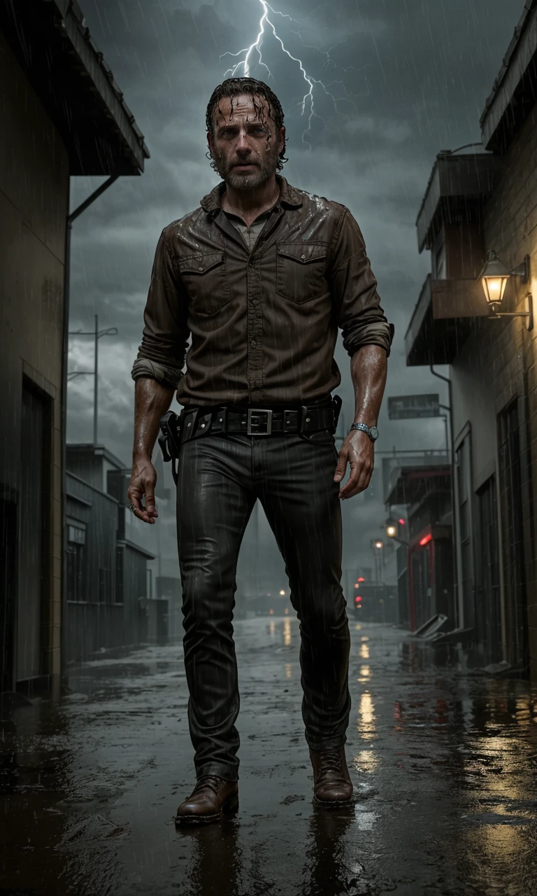 rickgrimes2024, 1 man, running, best quality, photorealistic, dark alley, night, raining, wet hair, wet clothes, wet skin, heavy rain, noir, lightning, crying, sad, emotional,
