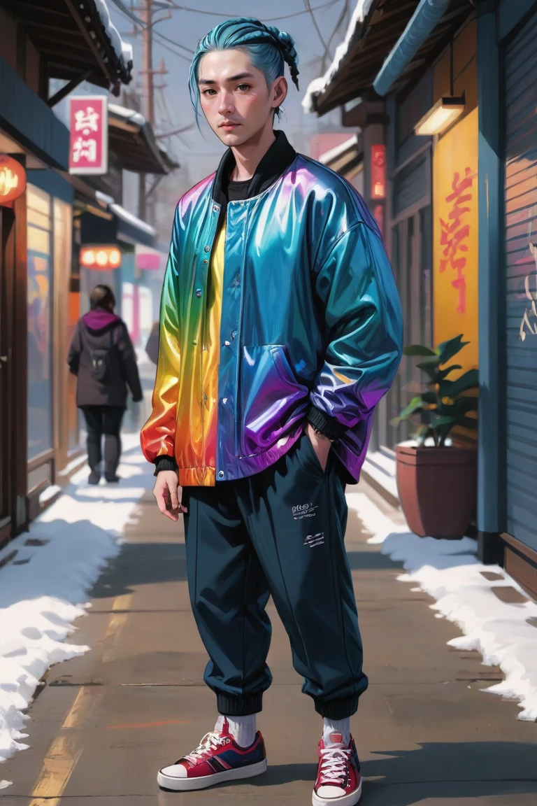 digital painting, full body, older man, handsome, casual winter seoul streetwear, korean male fashion, iridescent bright color:mediumslateblue hair, Cornrows<lora:EnvyJKMaleFashionXL01:1.1>