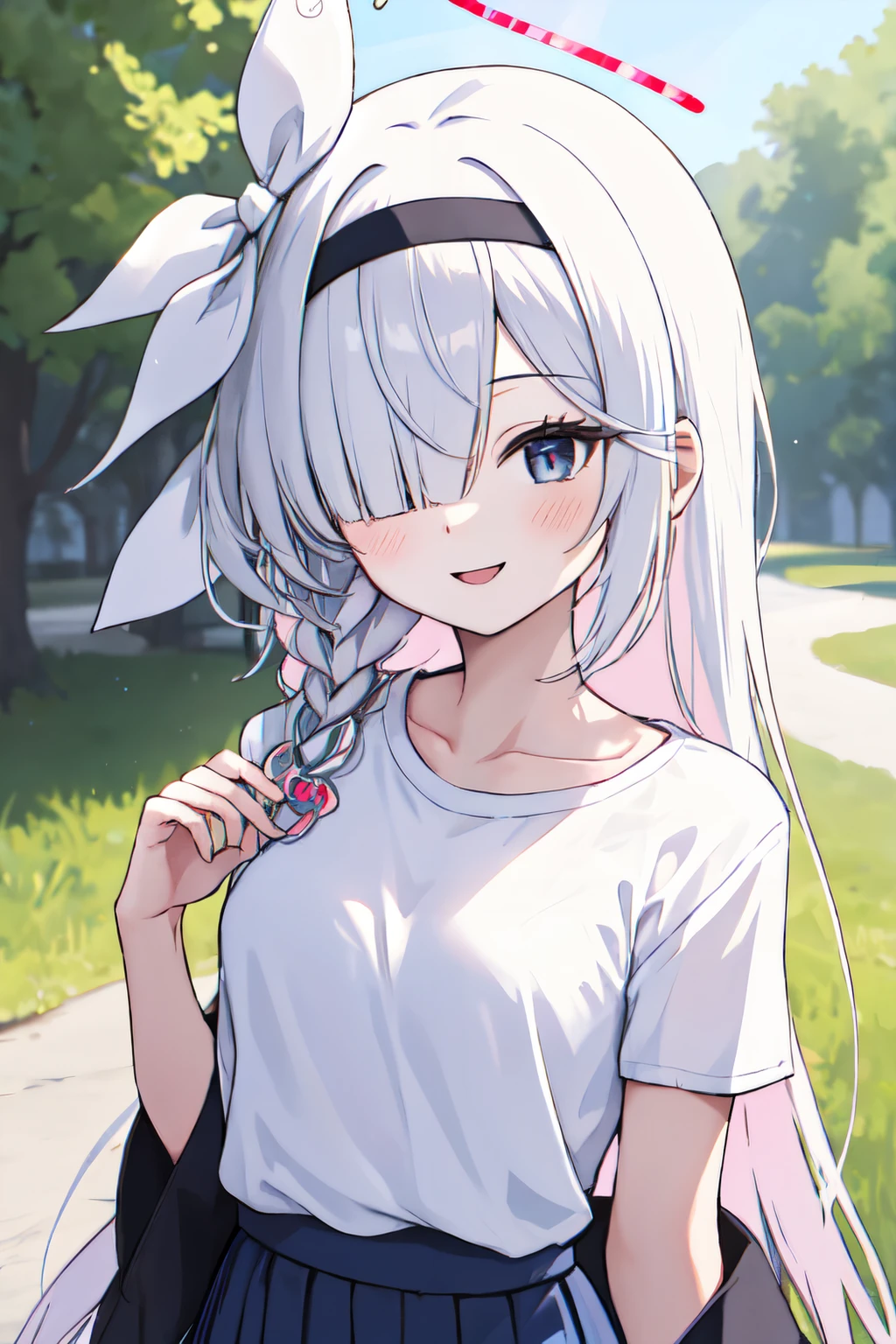 <lora:plana_blue_archive_goofy_v1:1>plana ba, 1girl,solo,black hairband,bow,halo,smile,happy,small breasts,looking at viewer, outdoors, depth of field, White t shirt and skirt ,upper body