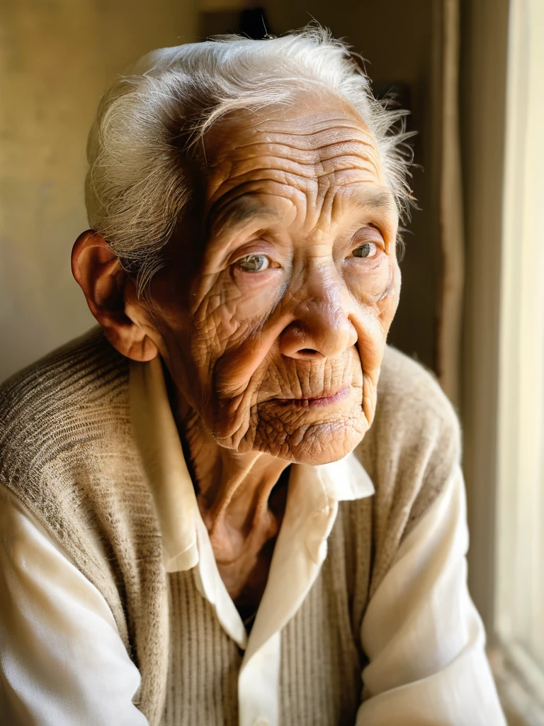 A portrait of an elderly person, with every wrinkle telling a story of a life well-lived, shot in natural light to capture the depth of expression and the soulful eyes that reflect wisdom and resilience.,