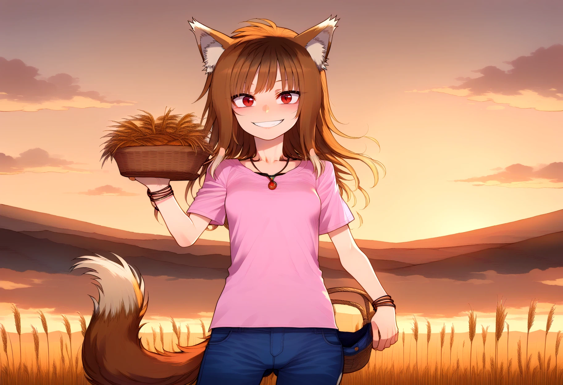 score_9, best quality, masterpiece, uncensored, source_anime
BREAK
1girl, solo, long hair, breasts, looking at viewer, blush, smile, brown hair, shirt, red eyes, holding, animal ears, jewelry, standing, collarbone, tail, cowboy shot, small breasts, outdoors, sky, pants, necklace, grin, bracelet, wolf ears, denim, wolf tail, pink shirt, sunset, jeans, wolf girl, basket, wheat, holo, sunset, floating hair, wind, dynamic pose
<lora:merratatustle_pony_v6:1>