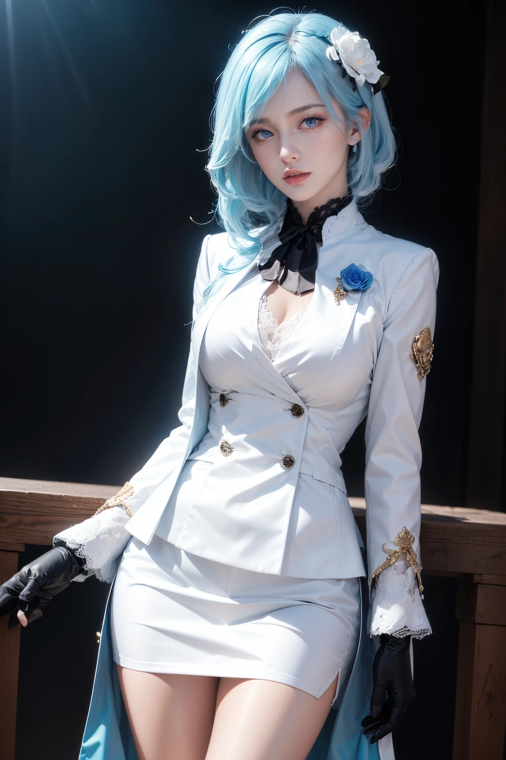 <lora:FLN-10:0.8>,(face lighting:0.8),bright backlight,super high resolution,best quality,Photos,4k,(Realistic:1.2),FLN,1girl,1girl,gloves,blue hair,blue eyes,hair flower,rose,look at the audience,hair_ornament,bangs,white jacket,standing,thigh,