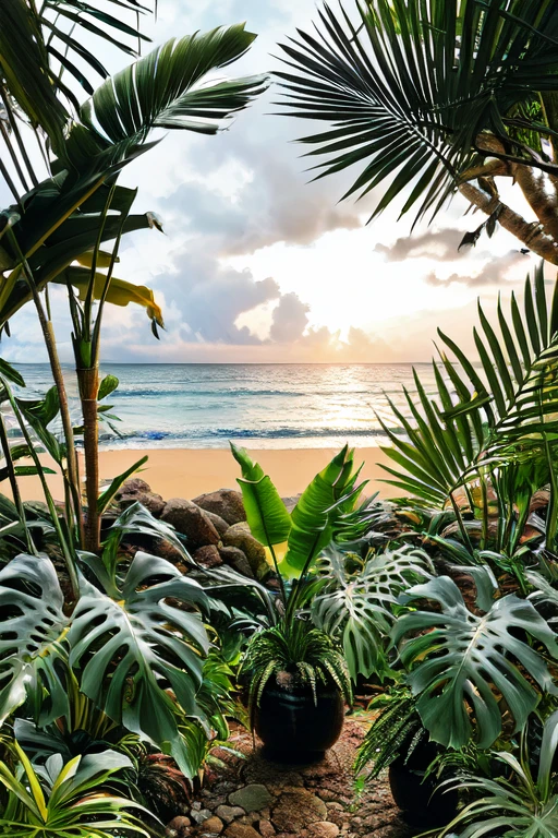 Illustrate a scene of tropical plants thriving along the ocean shore, complemented by the soothing sound of waves.