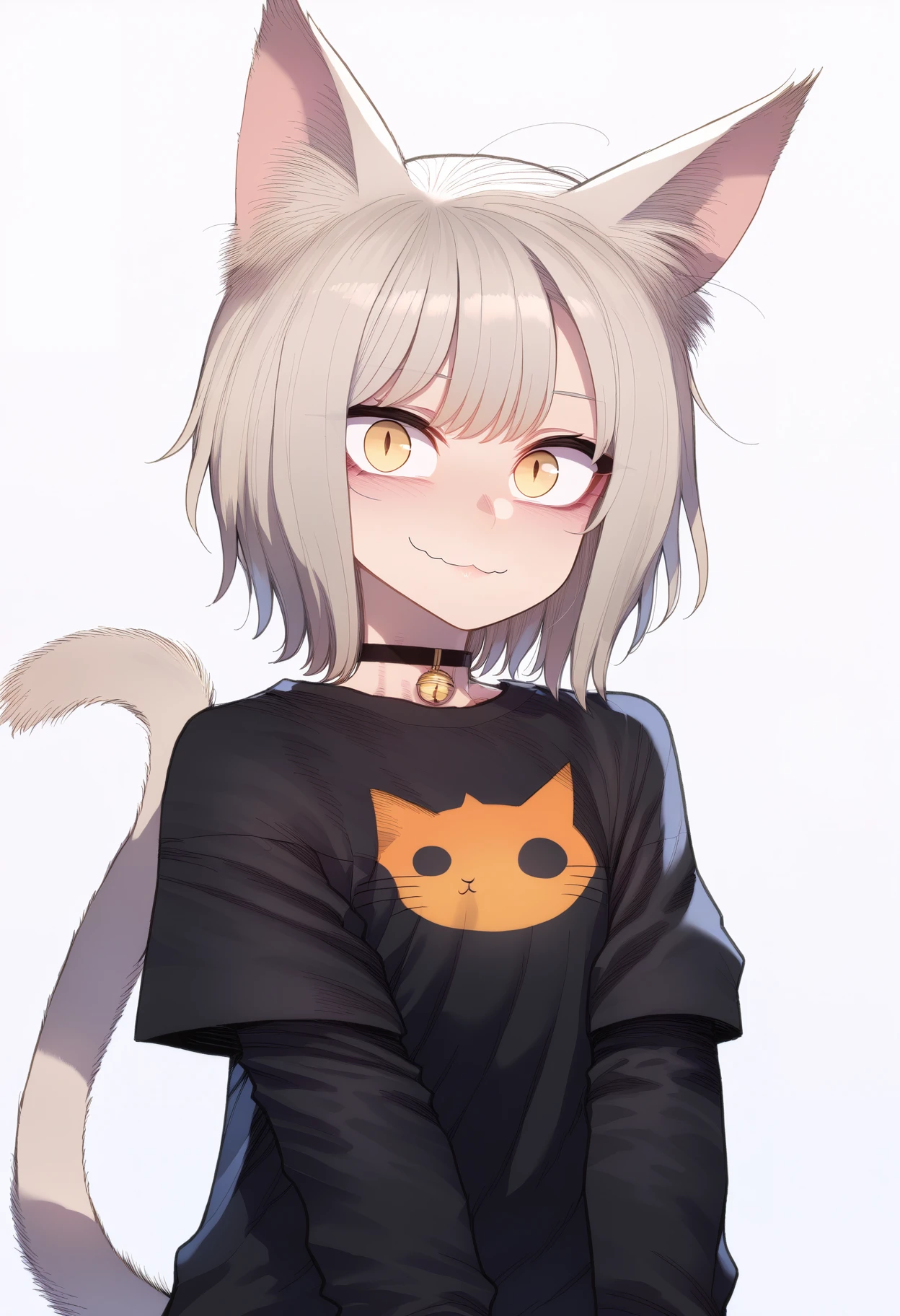 score_9, best quality, masterpiece, uncensored, source_anime
BREAK
1girl, solo, looking at viewer, blush, smile, short hair, bangs, simple background, shirt, long sleeves, white background, animal ears, closed mouth, tail, yellow eyes, grey hair, cowboy shot, choker, cat ears, cat tail, animal ear fluff, sleeves past wrists, black shirt, black choker, cat girl, animal print, slit pupils, :o
<lora:merratatustle_pony_v6:1>