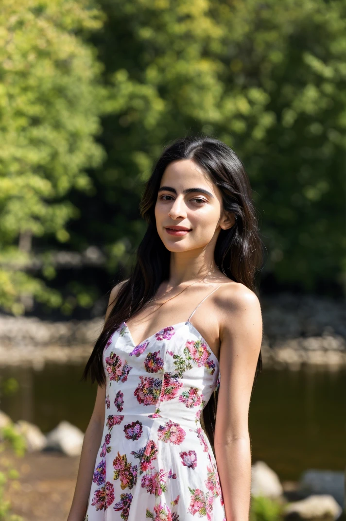 tv_Buket_Komur_A_V2, model pose, smiling expression,  ((wearing a flowered summer dress )),full body shot,  Magic Hour, at a forest pond,  (((relaxed))), "epic-Ultra-HD-details", "epic-Ultra-HD-highlights",       PA7_Human-Likeness