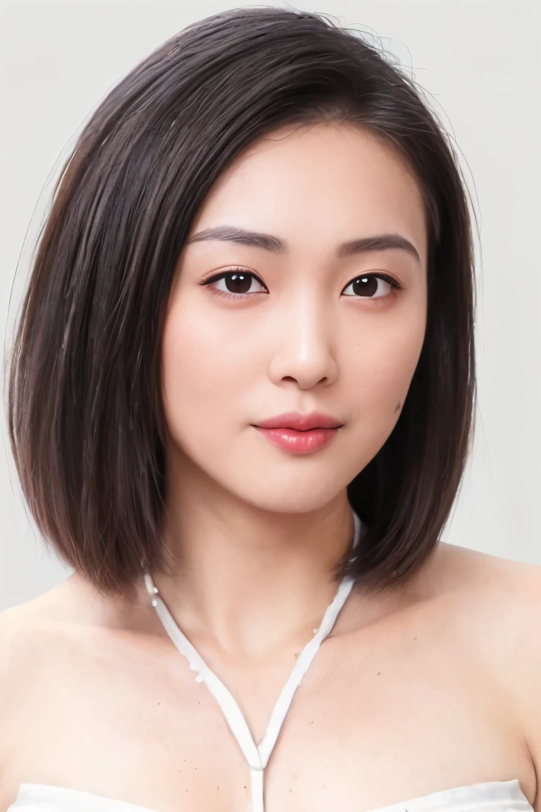 (masterpiece, top quality, best quality, (close-up photograph: 2), ((1girl)), korean, fair skin, (extremely detailed face), ((looking at viewer)), ((((ultra-detailed eyes and pupils)))),((((ultra-detailed lips)))) cheekbone, plump cheeks, ((bare pectorals)), ((bare chest)), ((tube dress)), bare head, ((bare shoulders)), symmetrical frame, (((strapless))), ((closed lips)), (((smile))), ((symmetrical pose)), (symmetrical face: 1.6), 35mm, ((((minimal plain white background)))), ((no lighting)),no watermark, ((medium hair)), <lora:luoluo50:0.7>