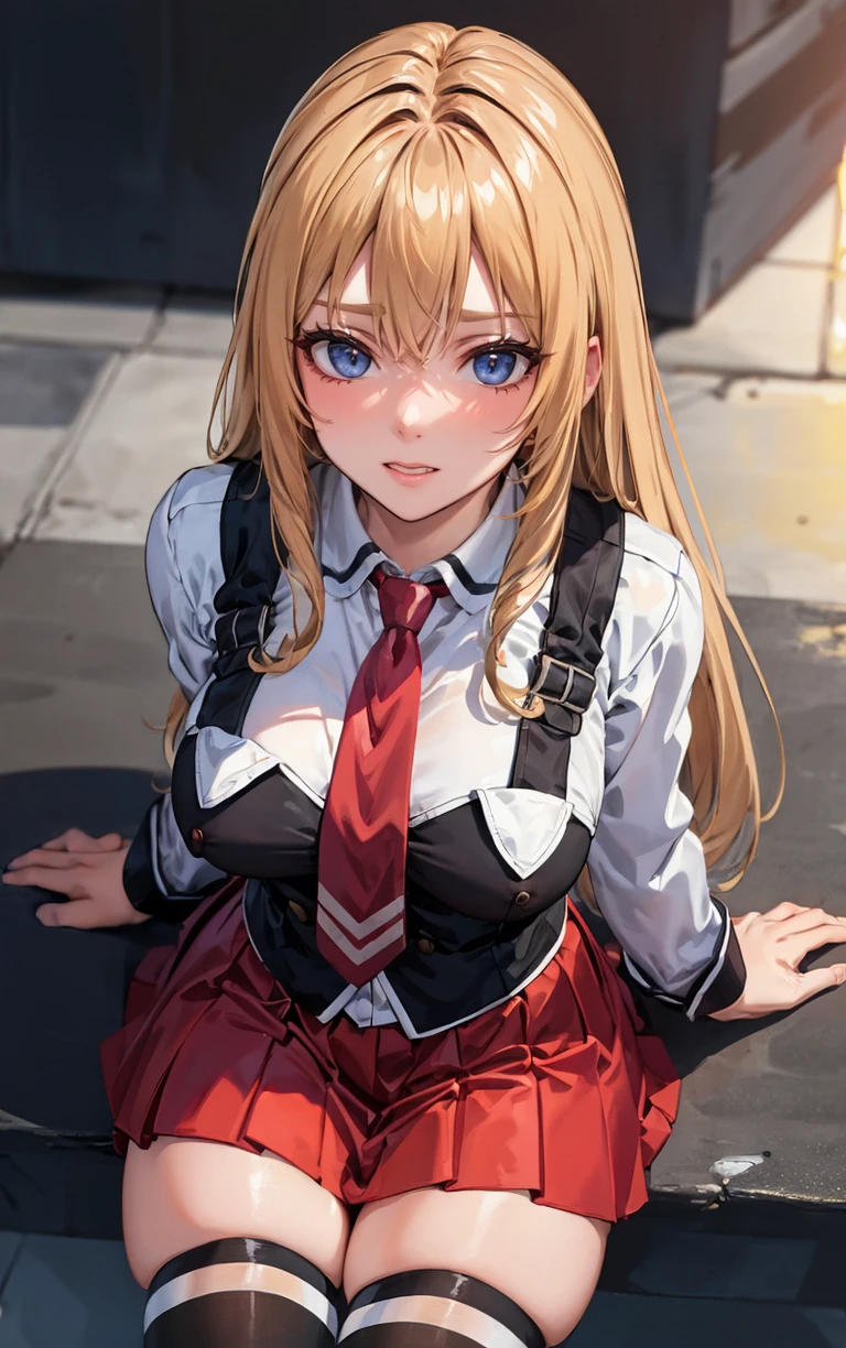 ((masterpiece, best quality)), insaneres, absurdres, solo, outdoors,
CLOTHING_BibleBlack_SchoolDress_ownwaifu,
1girl, blonde hair, long hair, blue eyes,
black vest, red skirt, white shirt, collared shirt, suspenders, school uniform, black thighhighs, zettai ryouiki, necktie, long sleeves, pleated skirt, red necktie,
(from above, sitting)<lora:CLOTHING_BibleBlack_SchoolDress_ownwaifu:0.9>,
lens flare, depth of field, bokeh, embers, vanishing point, looking at viewer,