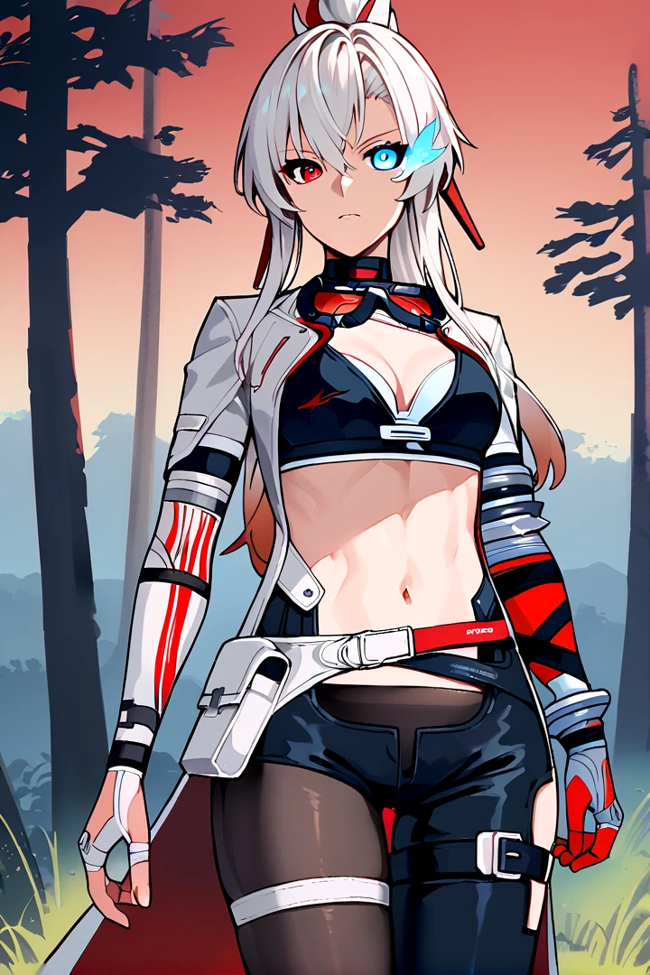 score_9, score_8_up, score_7_up, source_anime, solo, three-quarter portrait, portrait, red lightning, dark forest, sunset, black sclera, blue flaming eye, ponytail, white hair, gradient hair, hair ornament, heterochromia, red eyes, blue eyes, goggles, goggles around neck, white coat, sports bra, single prosthetic arm, black pants, thigh strap, single-leg pantyhose, standing, bandaged arm
<lora:crimsonweave-step00003600:1>