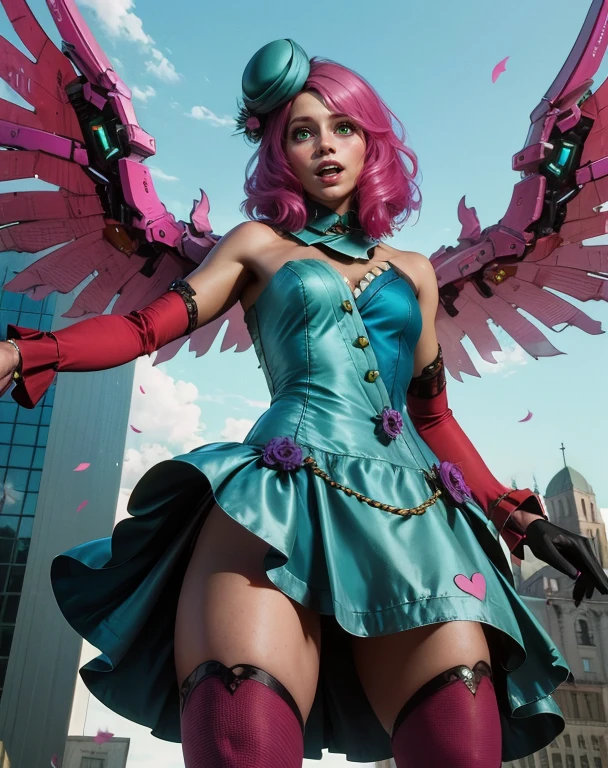 alisa,pink hair,two-tone hair,green eyes,medium hair,looking at viewer,
dress,detached sleeves,cybernetic wings,mini hat,from below,
standing,open mouth,happy,thighhighs,black gloves,
morning,city square,smile,
(insanely detailed, masterpiece, best quality),solo,<lora:alisabosconovitch:0.8>,
