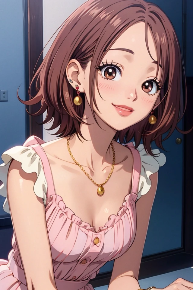 (Nana_Komatsu), 1990s, 1girl, solo, smile, brown hair, shoulder length hair, collarbone, makeup, eyelashes, blush, brown eyes, earrings, lips, pink lips, necklace, white chiffon dress,
