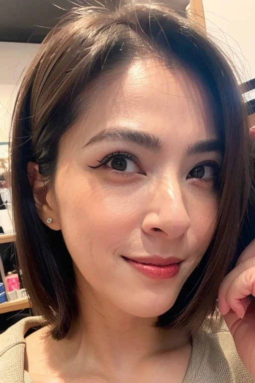 Best quality,masterpiece,ultra high res,(photorealistic:1.2),1girl,deep shadow,low key,slim body,dynamic pose,face closeup,brown hair,smile,makeup,<lora:jill_su:0.9>,