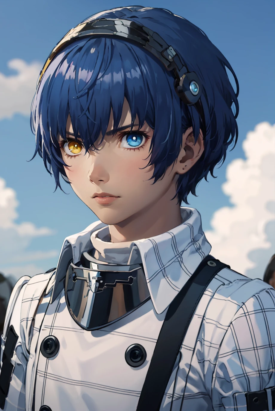 masterpiece, 1boy, portrait, from side, solo, looking at viewer, serious, <lora:ProtagonistMR:0.8> protagonistmr, short hair, heterochromia, blue eyes, yellow eyes, coat, plaid, black gloves, dark skin, sheath, sky, cloud