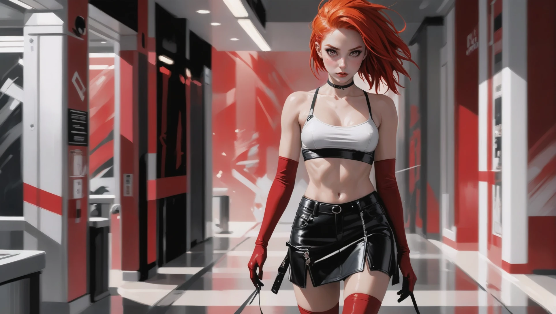 digital painting, 1girl, woman, pastel punk bad girl, [:outlandish costume design,:0.2], bombshell punk hair, orange hair, Twist Out, torn denim skirt, bombshell hair, auburn hair, Rope Twists, toned body, athletic build, narrow waist, wide hips, small breasts, caucasian<lora:EnvyTritoneXL01 Red-Black-White:1.5>, soapland district in a Historic train station concourse in a dystopian scifi topia at the beginning of time, masterpiece