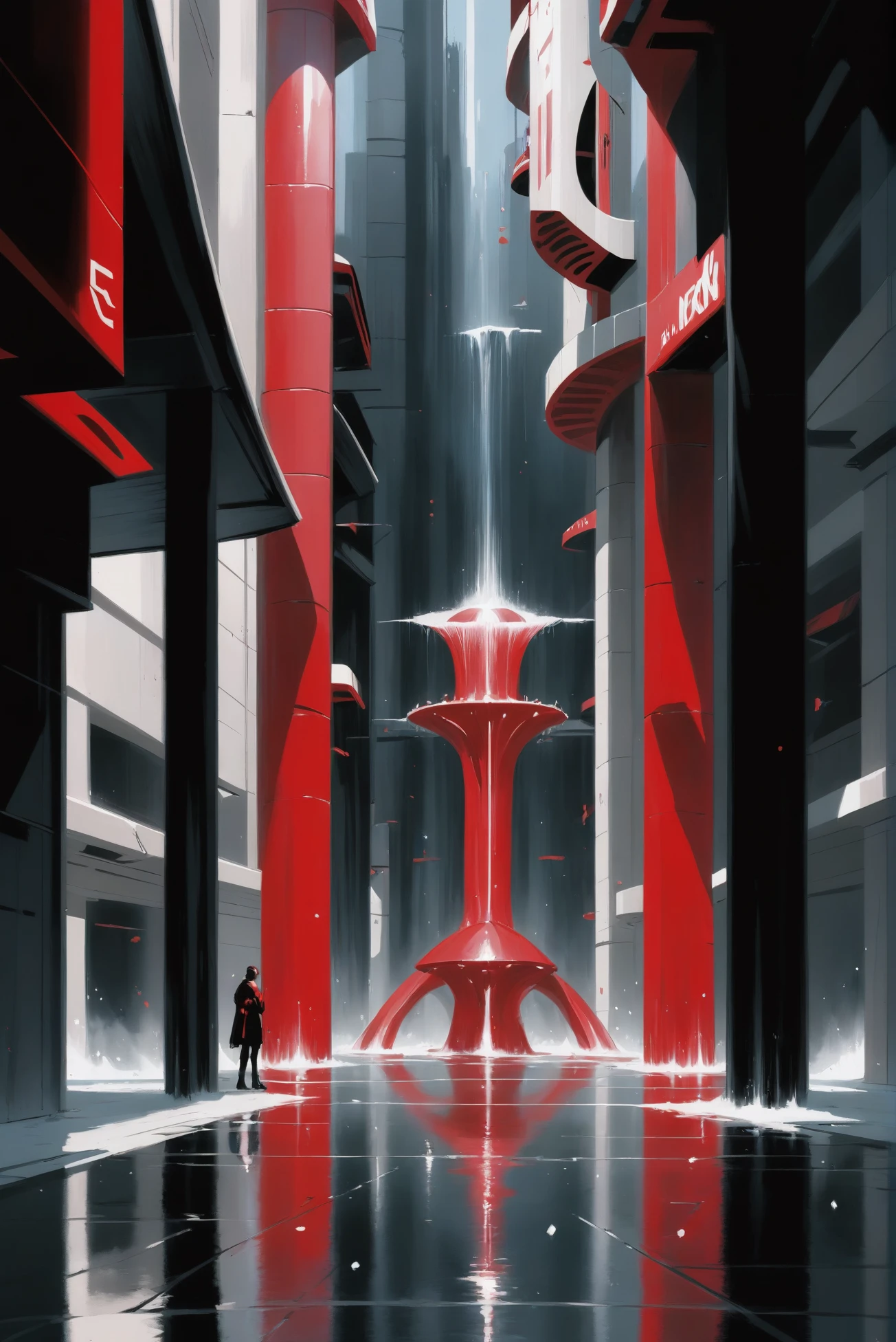 digital painting, <lora:EnvyTritoneXL01 Red-Black-White:1>, fountain square in a indescribable,ruined scifi subterranean arcology