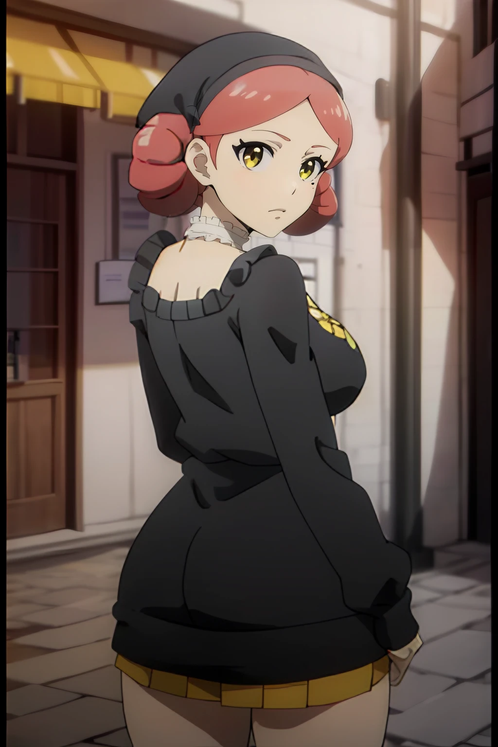 <lora:Luka:0.7> luka, 1girl, red_hair, solo, yellow_eyes, breasts, mole_under_eye, short_hair, cleavage,( black pullover:1.1), busy city street, (miniskirt:1.1), from behind, looking back, best_quality, highres, extremely_detailed, anime perfect detailed style, 8k, masterpiece, anime art style, anime coloring,