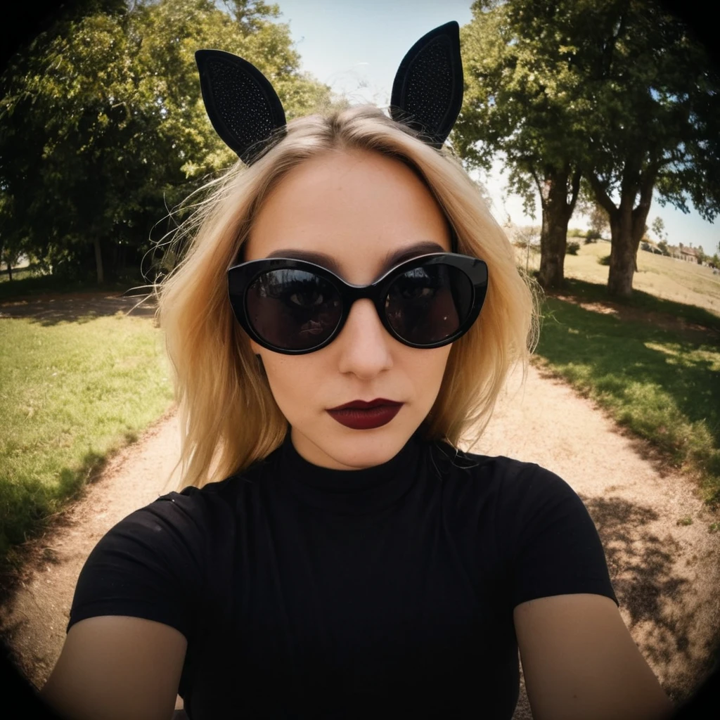 photo of a goth supermodel using sunglasses ,bunnies ,(((photo 8mm fisheye lens by 8mmfishlent black borders:1,zoom out))) , experimental photography, hard light --ar 3:4 --v 5.1 --style raw